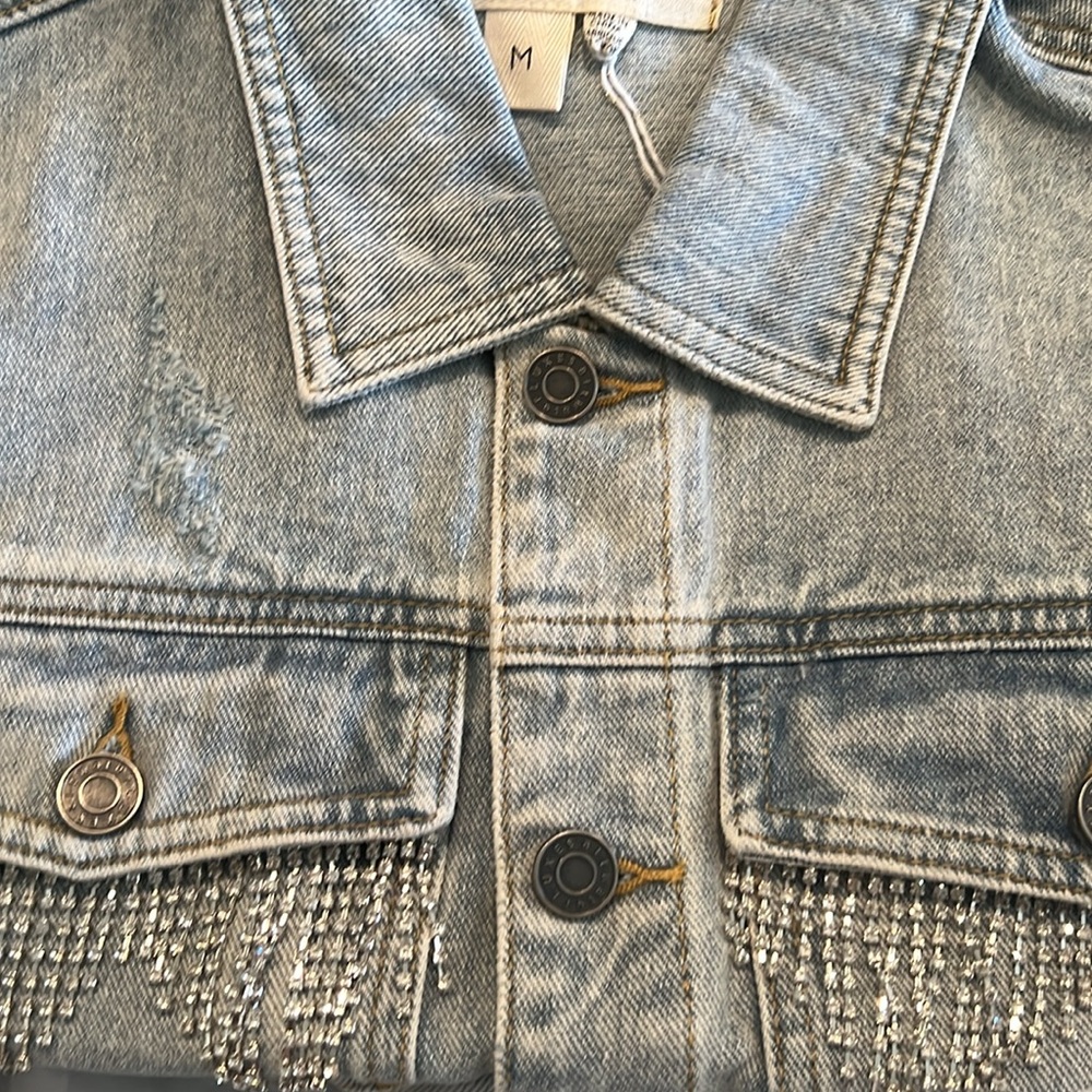 Saltwater Luxe stone wash distressed Embellished Rhinestone Denim Jacket S/M - Picture 12 of 14